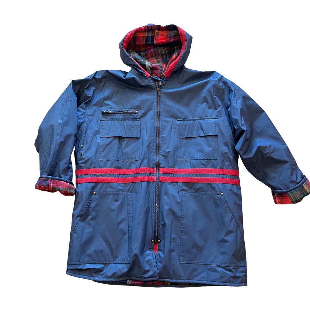Vintage‎ JG Hook Hooded Rain Jacket Blue Red Stripe Plaid Flannel Lined Large
